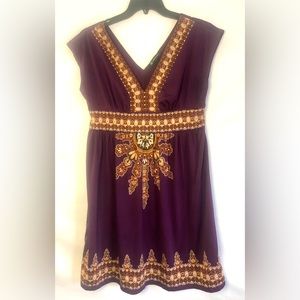 INC Purple Multi Aztec Medallion Print Stretch Jersey Gold Studs Dress L